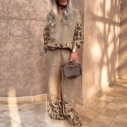 Women's Casual Cool Cotton And Linen Leopard Print Printed Two-piece Suit