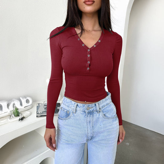 Y2g Slim-fit V-neck Buttons Bm Long-sleeved Sweater Top