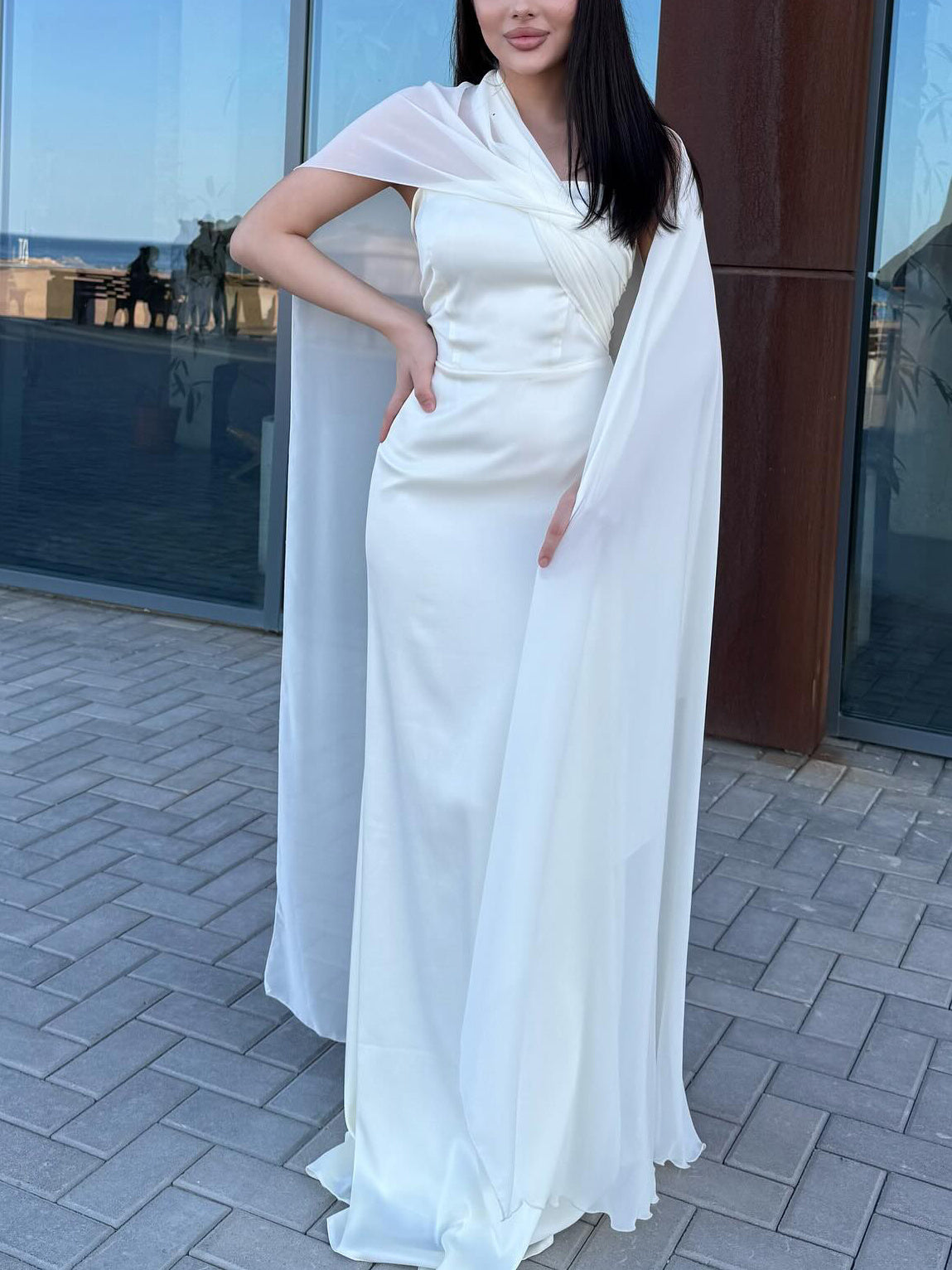 White Satin One - Shoulder Maxi Dress With Flowing Chiffon Cape