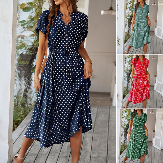 Temperament Leisure Vacation Style Polka Dot Print High Waist Lace-up Dress