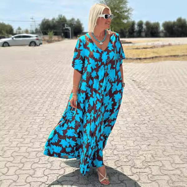 Women's V-neck Short Sleeve Casual Loose Dress