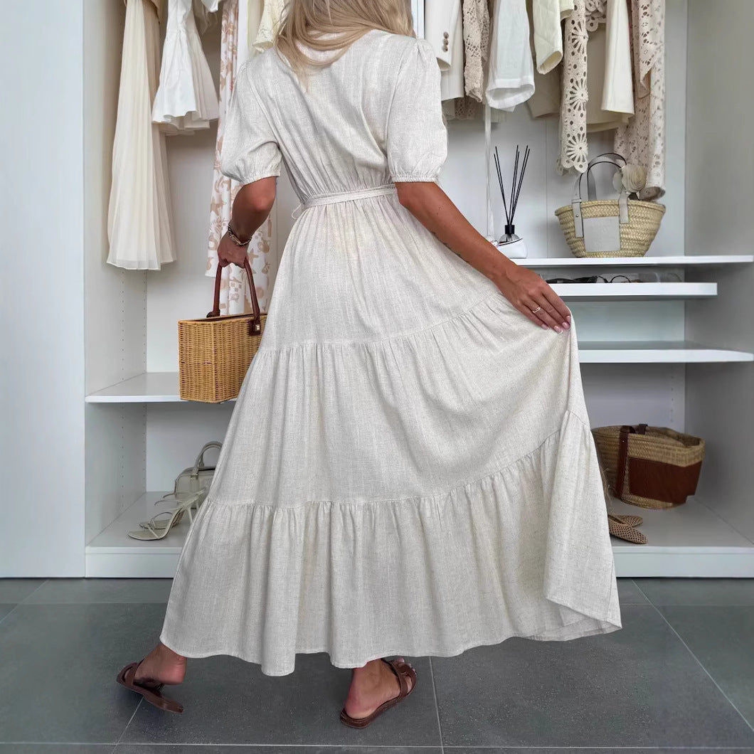 Summer V-neck Dress Wrapped Chest Solid Color Loose Lace-up Dress