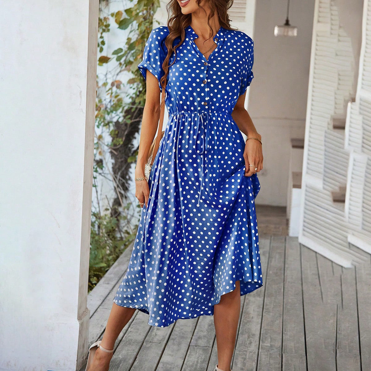 Temperament Leisure Vacation Style Polka Dot Print High Waist Lace-up Dress