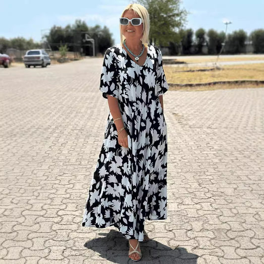 Women's V-neck Short Sleeve Casual Loose Dress