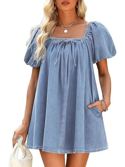 Square Collar Puff Sleeve Lace-up Elegant Denim Dress
