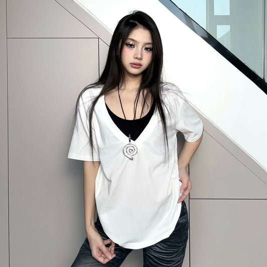 Women's Deep V-neck Short Sleeve Top Pullover Loose T-shirt