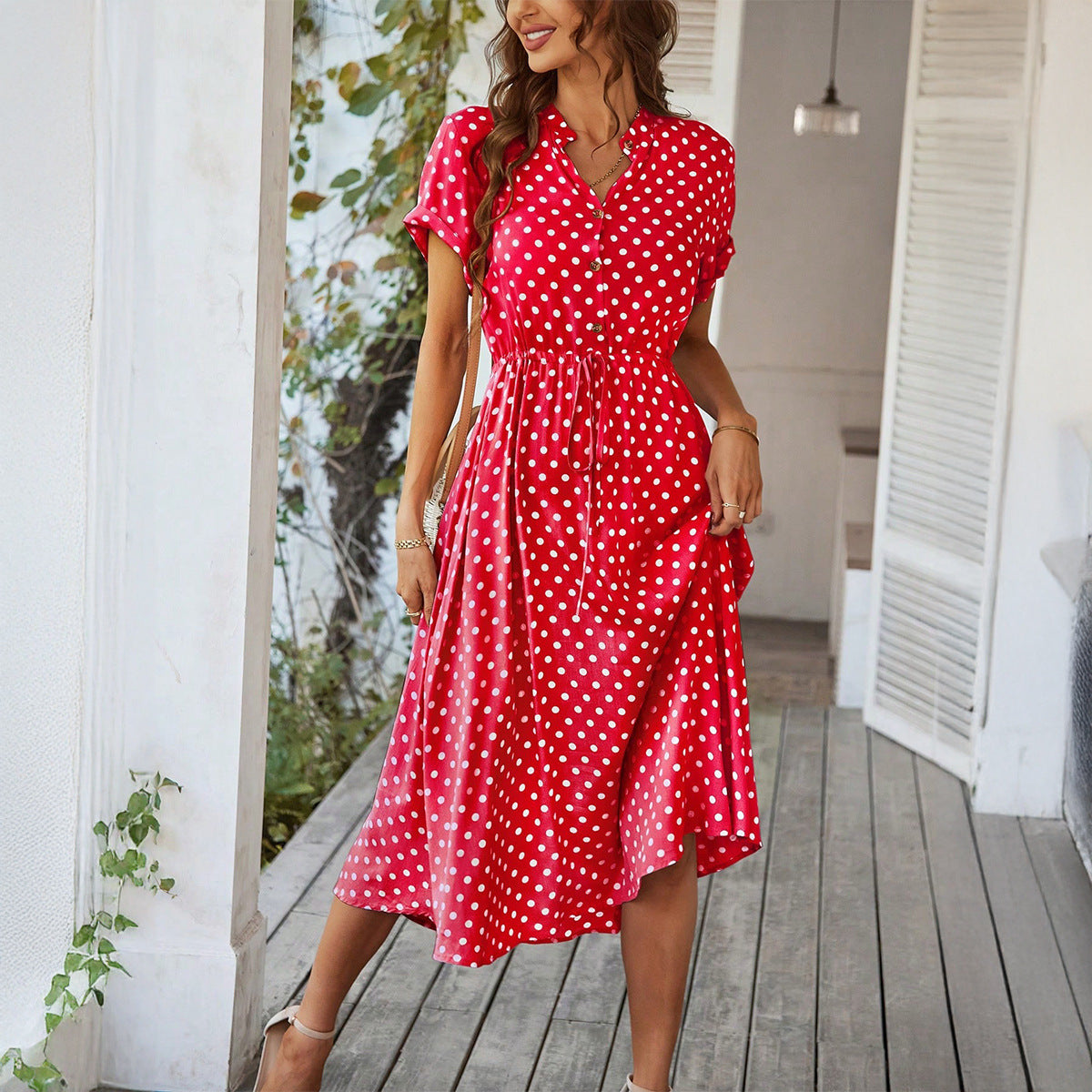 Temperament Leisure Vacation Style Polka Dot Print High Waist Lace-up Dress