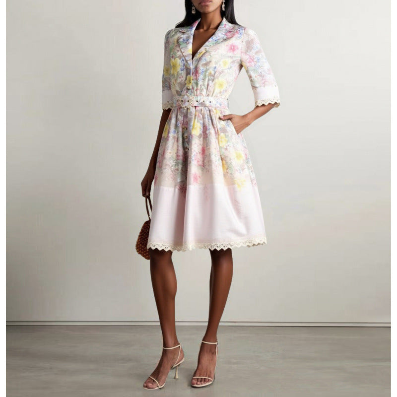 Vintage Printed Heavy Industry Beads Lace Stitching Dress Short And Belt