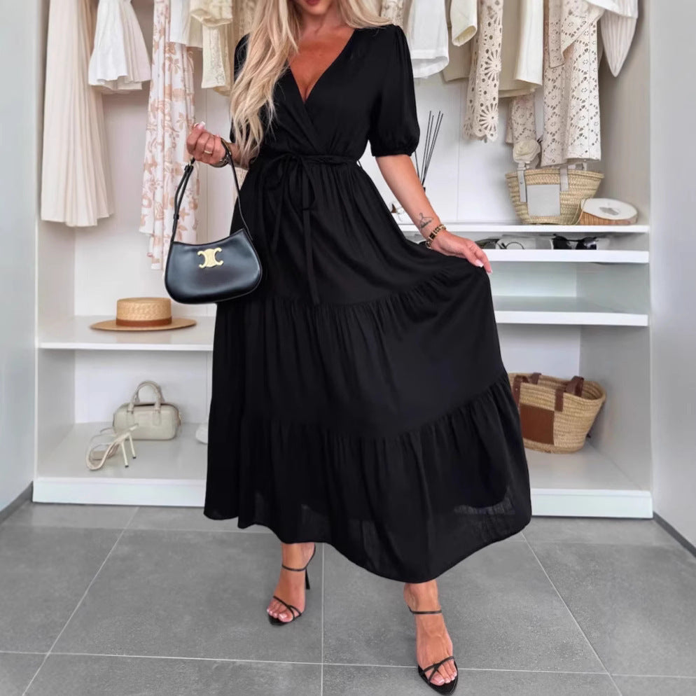 Summer V-neck Dress Wrapped Chest Solid Color Loose Lace-up Dress