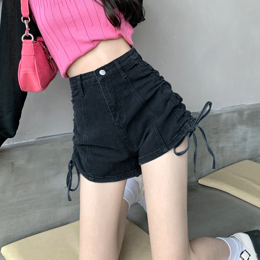 Thin Drawstring Design With A-line Wide Leg Denim Shorts For Women
