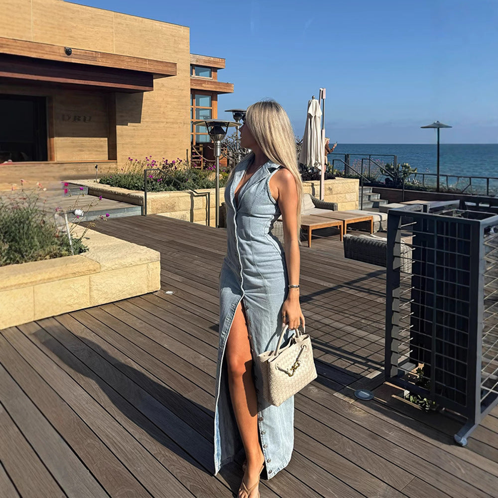 Women's Light Blue Sexy Button Denim Dress