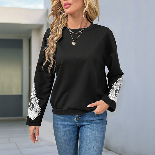 Women's Lace Stitching Round Neck Pullover Top