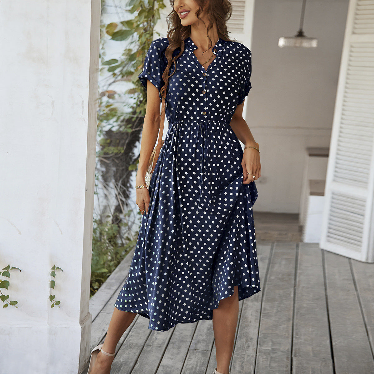 Temperament Leisure Vacation Style Polka Dot Print High Waist Lace-up Dress