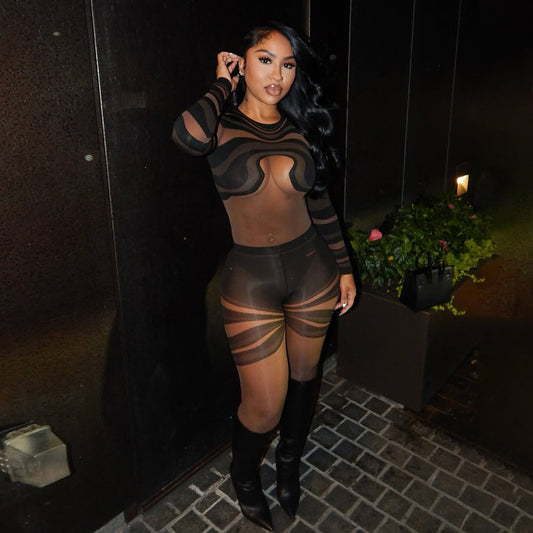 Women's Mesh Floral Print Contrast Color Jumpsuit