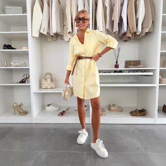 Summer Fashion All-matching Shirt With Belt Casual Midi Dress