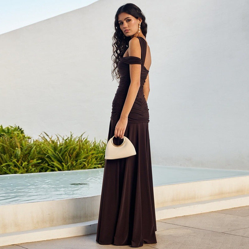 Summer Cold-shoulder Bodycon Pleated Suspender Long Dress