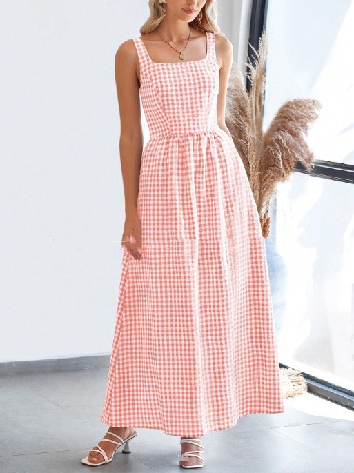 Patchwork Plaid Sling Elastic Large Swing Dress