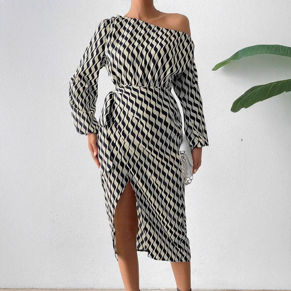 Summer Women's Waist Slant Shoulder Long Sleeve Striped Dress Long