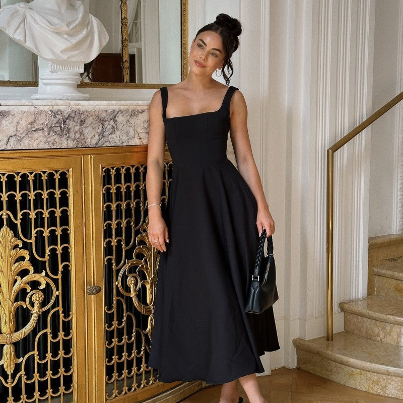 Square-neck Sleeveless Waist Trimming Sling Dress