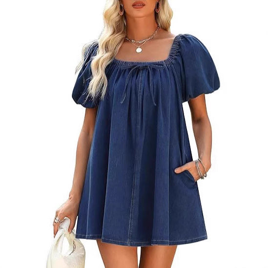 Square Collar Puff Sleeve Lace-up Elegant Denim Dress
