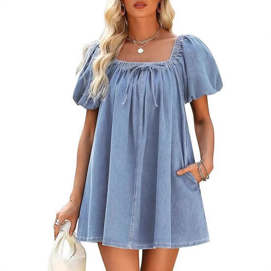 Square Collar Puff Sleeve Lace-up Elegant Denim Dress