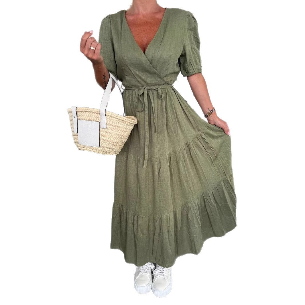 Summer V-neck Dress Wrapped Chest Solid Color Loose Lace-up Dress