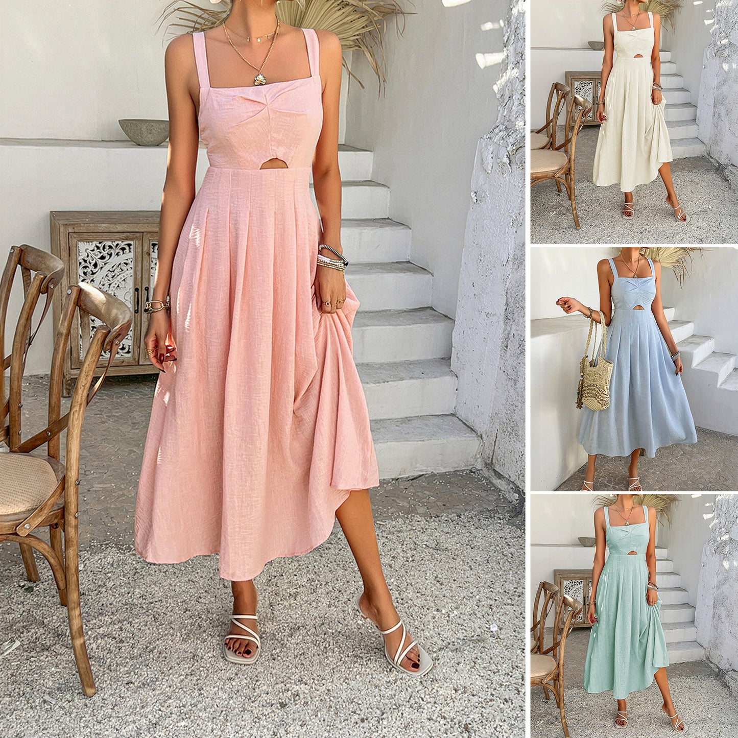 Spring And Summer Leisure Elegant Solid Color Sling Dress