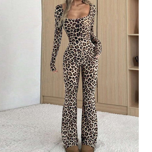 Women's Slim-fit Hip-wrapped Square Collar Leopard Print Jumpsuit