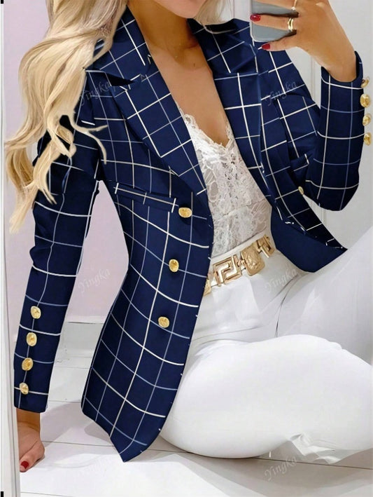 Women's Button Front Lapel Long Sleeve Plaid Casual Blazer