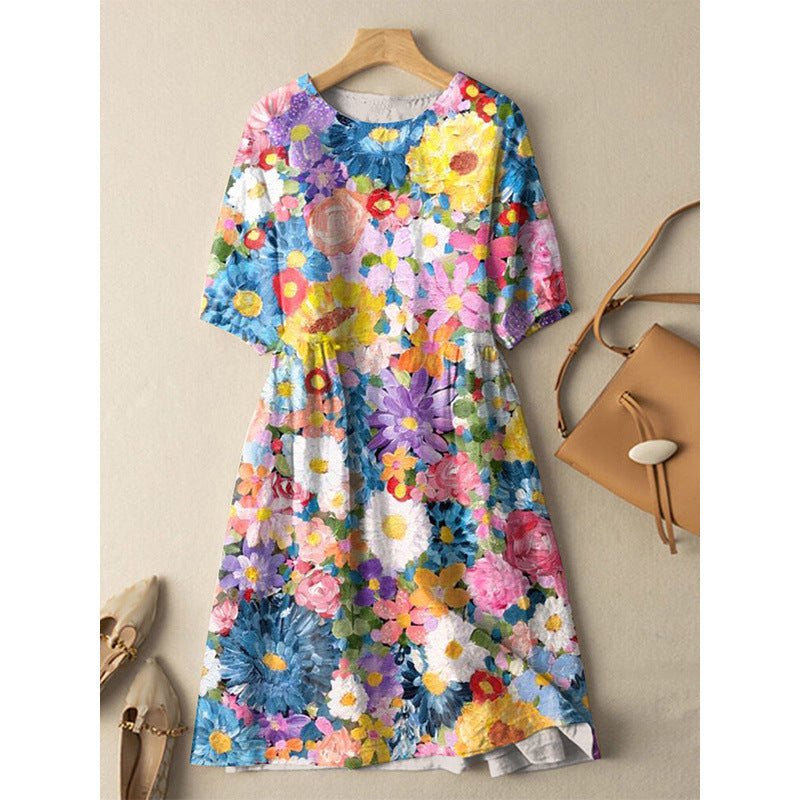 New Plus Size Pleated Printing Temperament Commute Dress