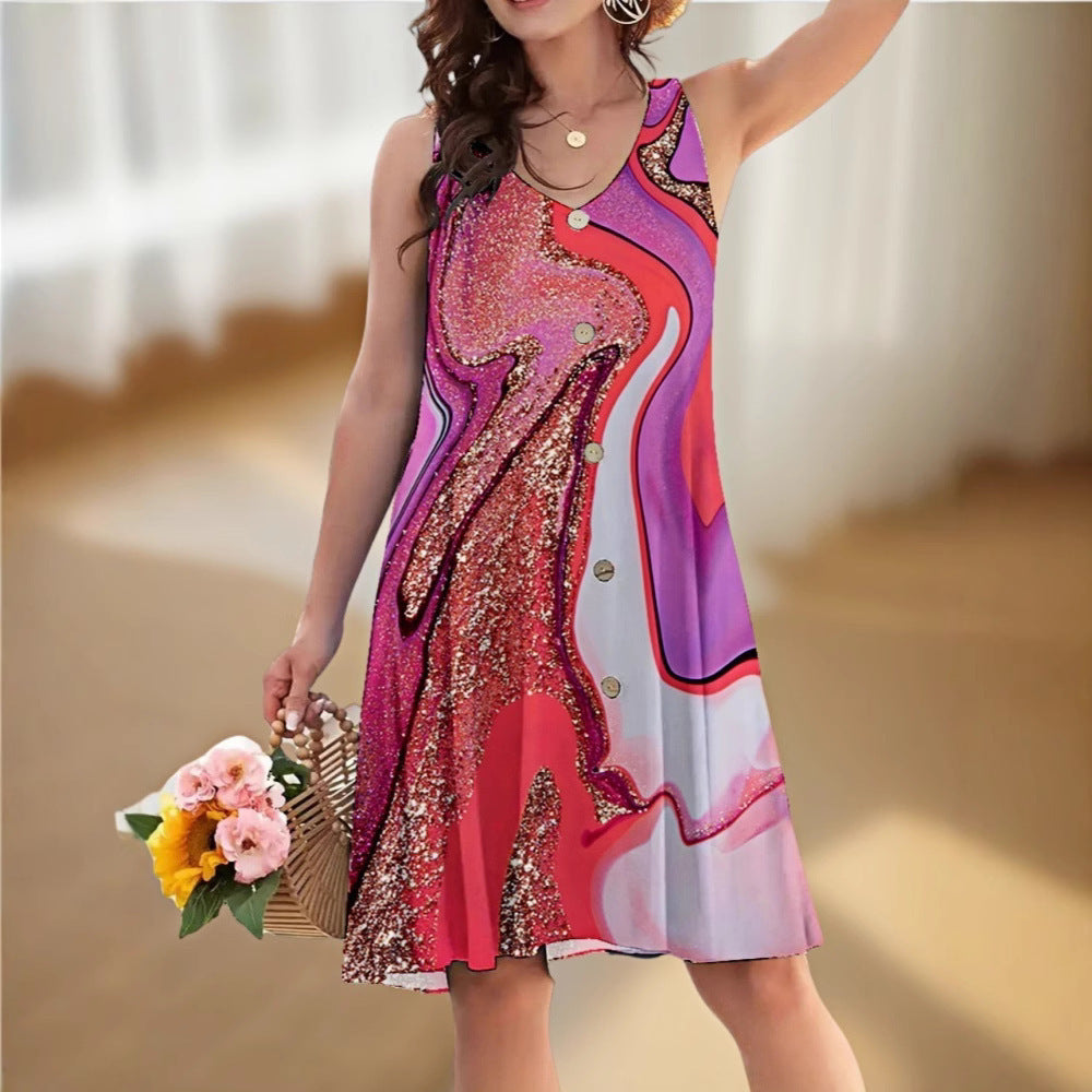 Women's Loose Sleeveless Twisted Button Printed Dress