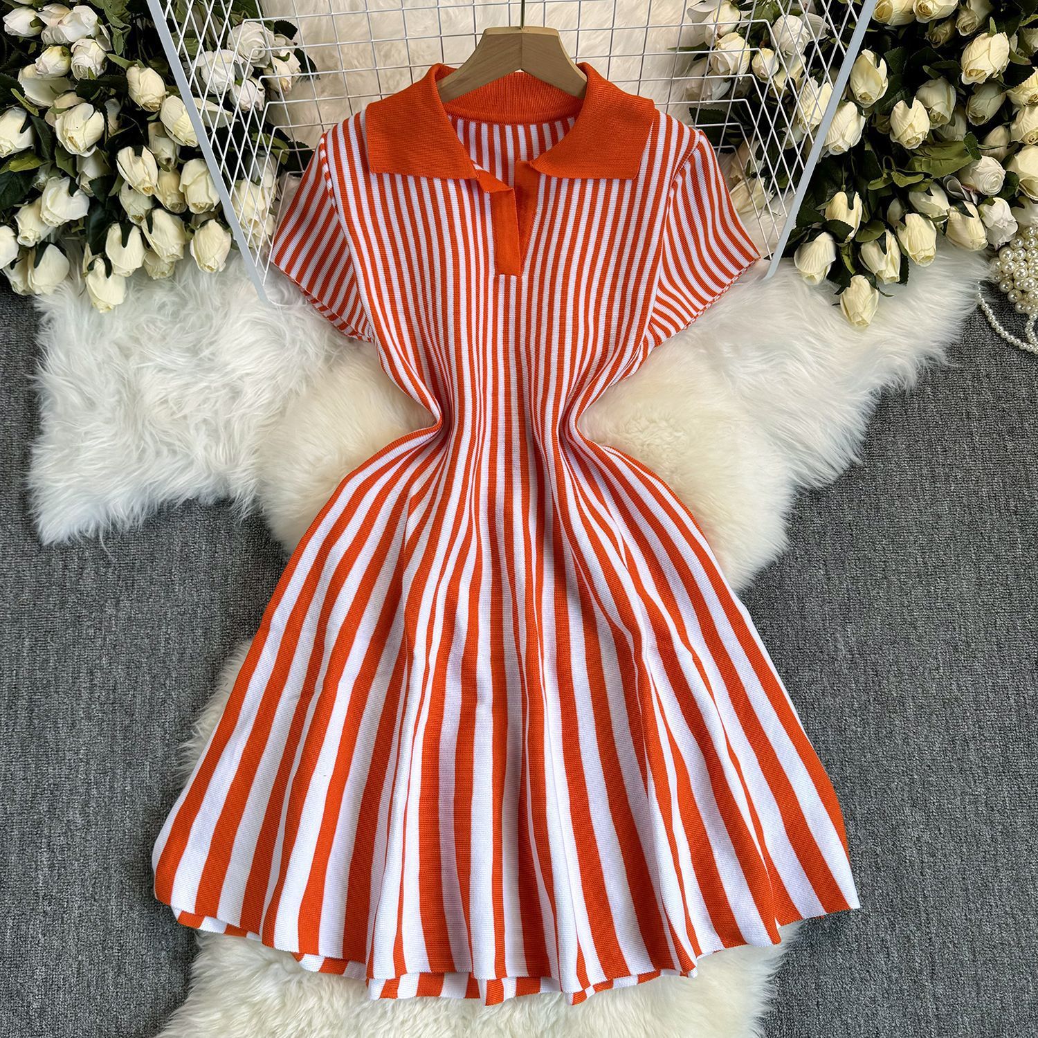 Contrast Color Retro Lapel Short Sleeve Striped Knitted Dress