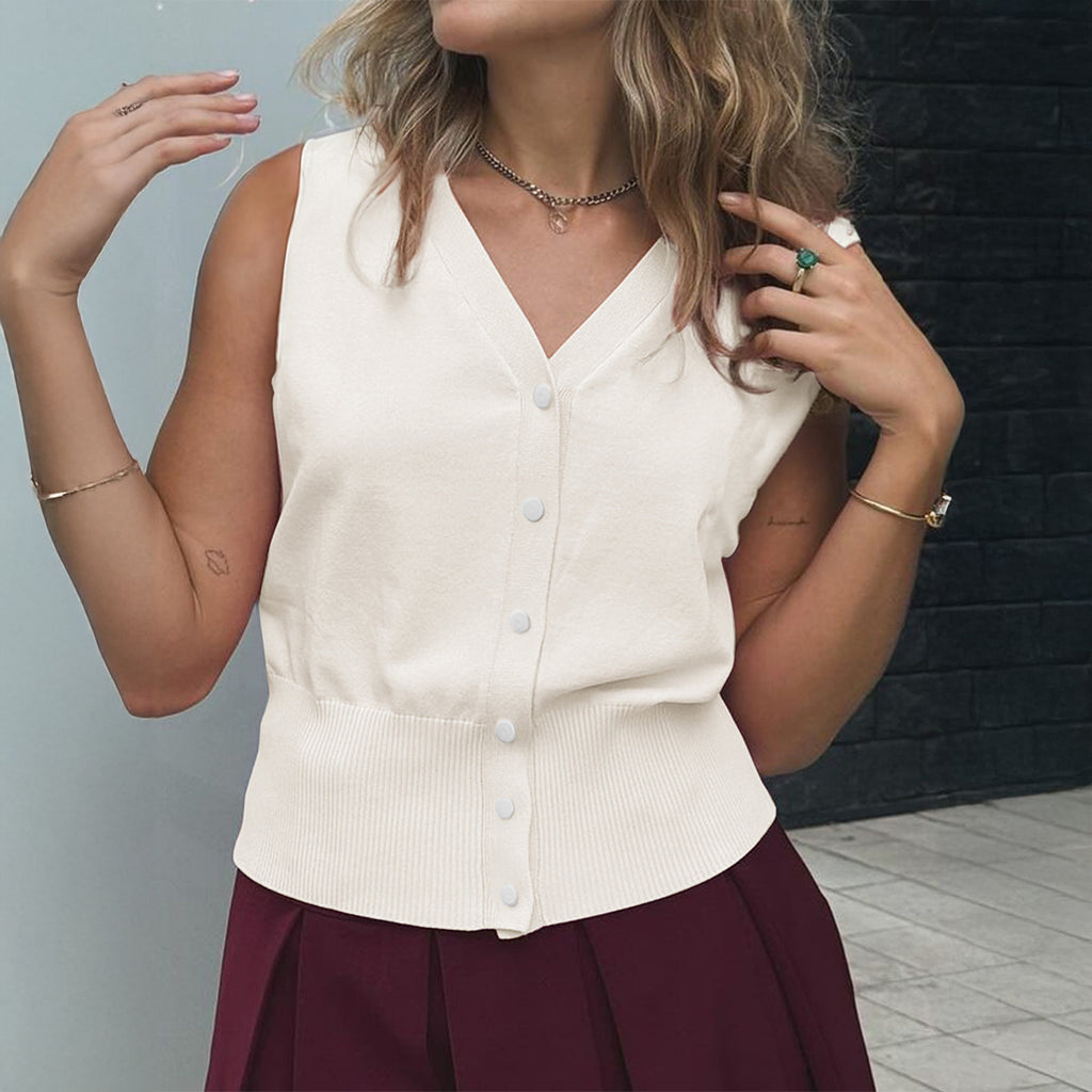 Leisure Vacation Solid Color Buttons T-shirt Vest For Women