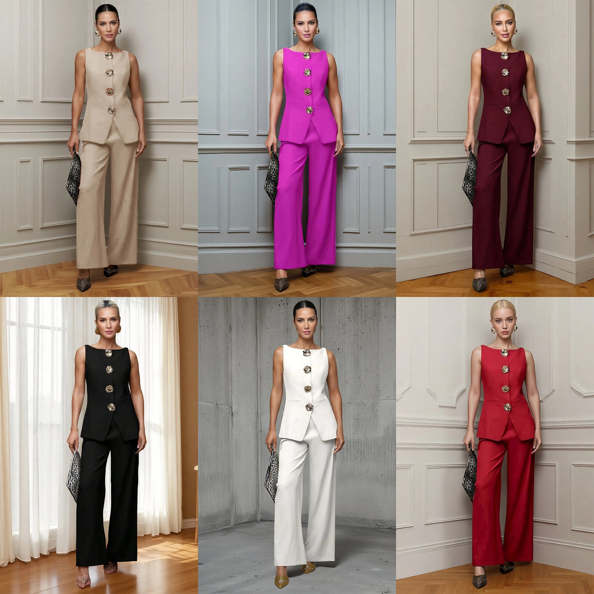 Women's Fashion Golden Button Vest Pants Casual Suit