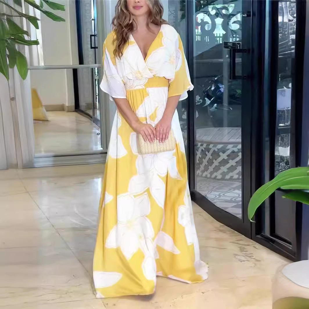 Flower Printed V-neck Long Dress