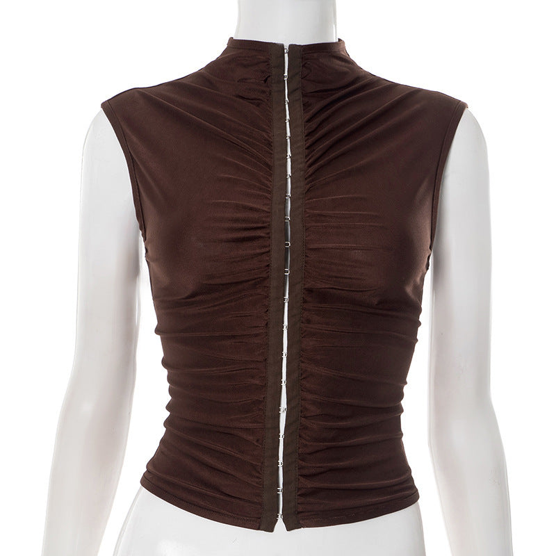 Pure Color Half Collar Breasted Pleated Slim Vest
