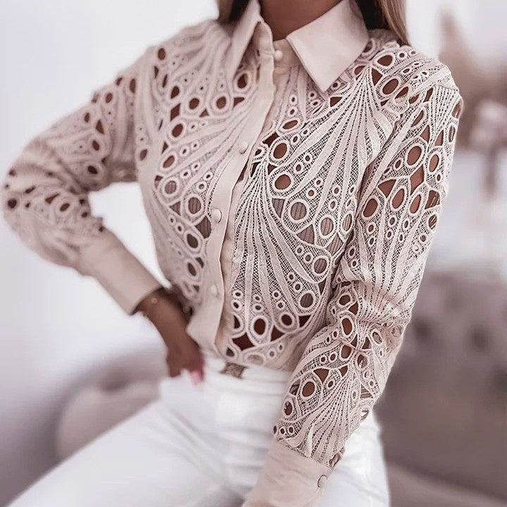 Versatile Commuter Lace Hollow-out Long Sleeve Shirt For Women