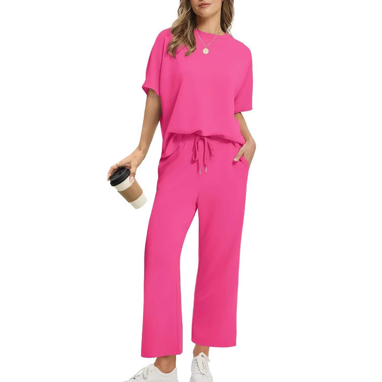 European And American Women's Solid Color Short-sleeved Casual Wide-leg Pants Suit