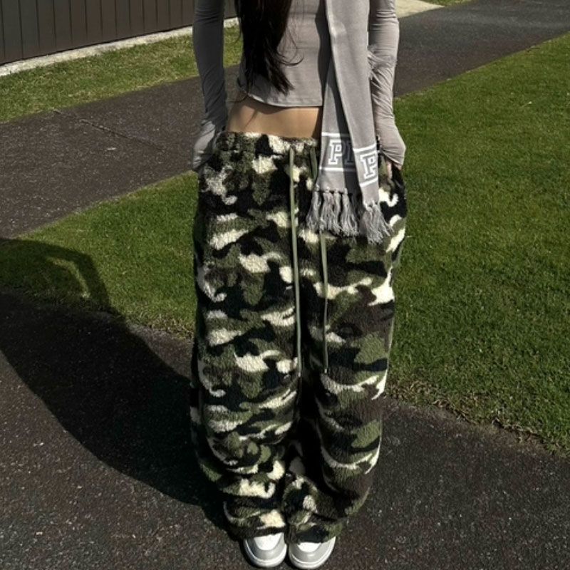 American-style Camo Jacquard Retro Autumnwinter Lambswool Thermal Loose Wide-leg Casual Pants