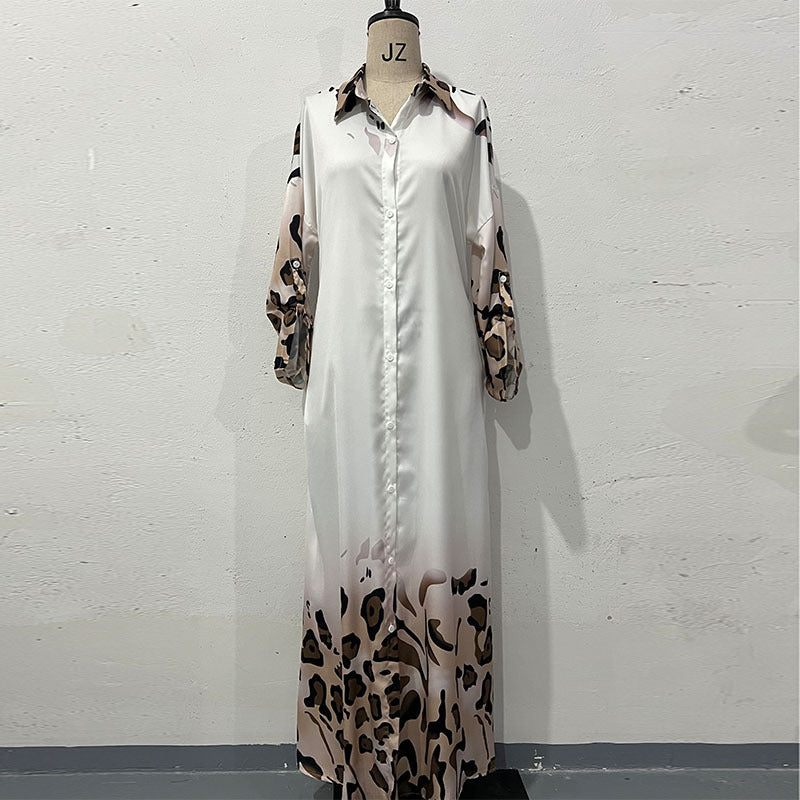 Positioning Printed Long Sleeve High Waist Temperament Vintage Robe Dress