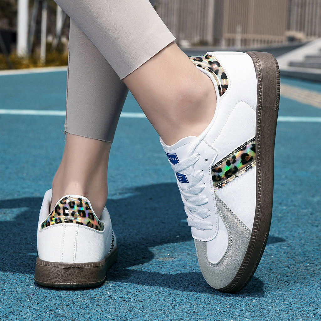 Womens Style White Lace Up Casual Sneakers With A Leopard Print Flat Sole