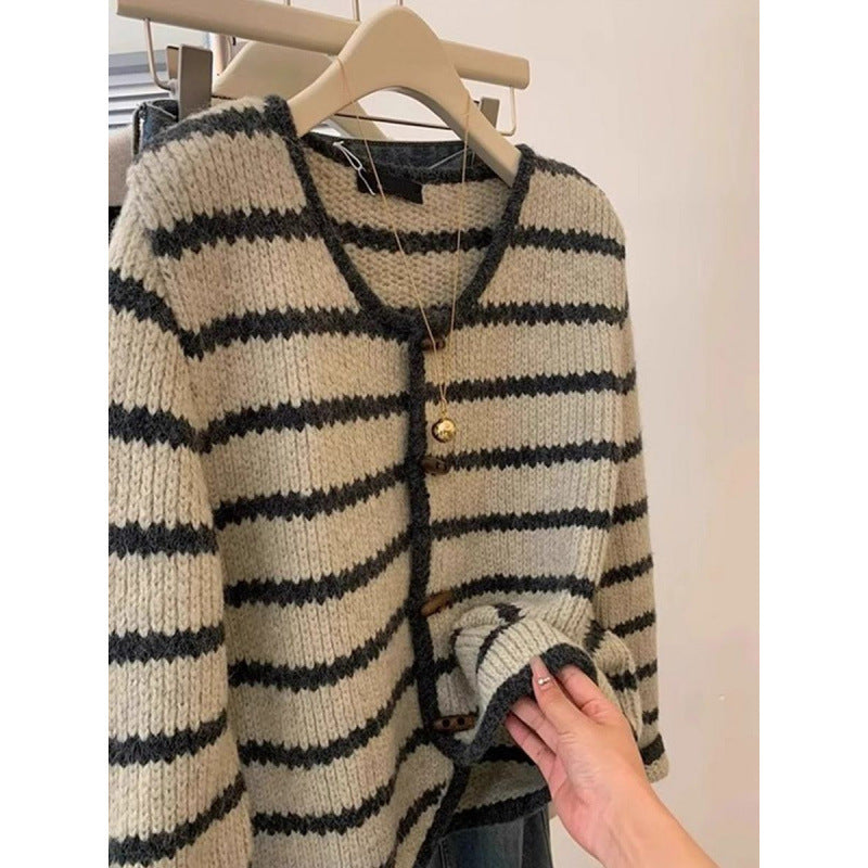 Vintage Stripe Knitted Coat For Women Autumn And Winter