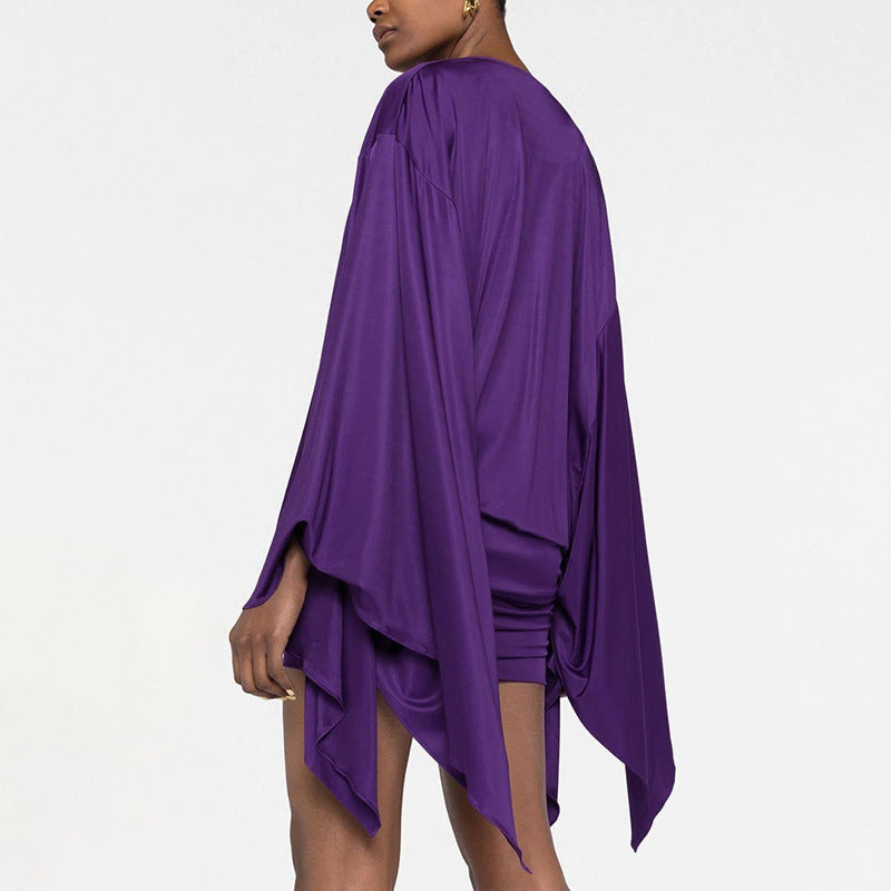 Women's Solid Color Elegant Draped Collar Swing Sleeve Bodycon Dress