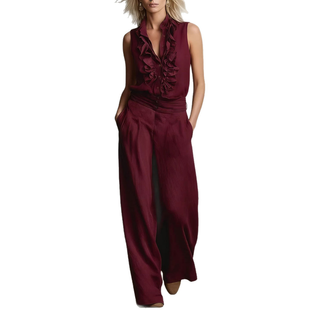 Linen-blend Sleeveless Shirt And Wide-leg Pants Set