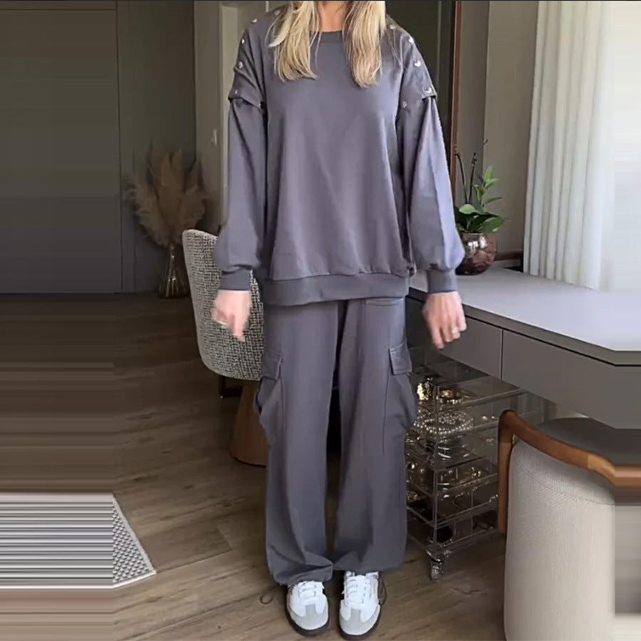 Loose Women's Wear Long Sleeve Top And Trousers Two-piece Set