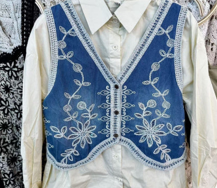 Heavy Industry Crochet Embroidery Denim Waistcoat Vest