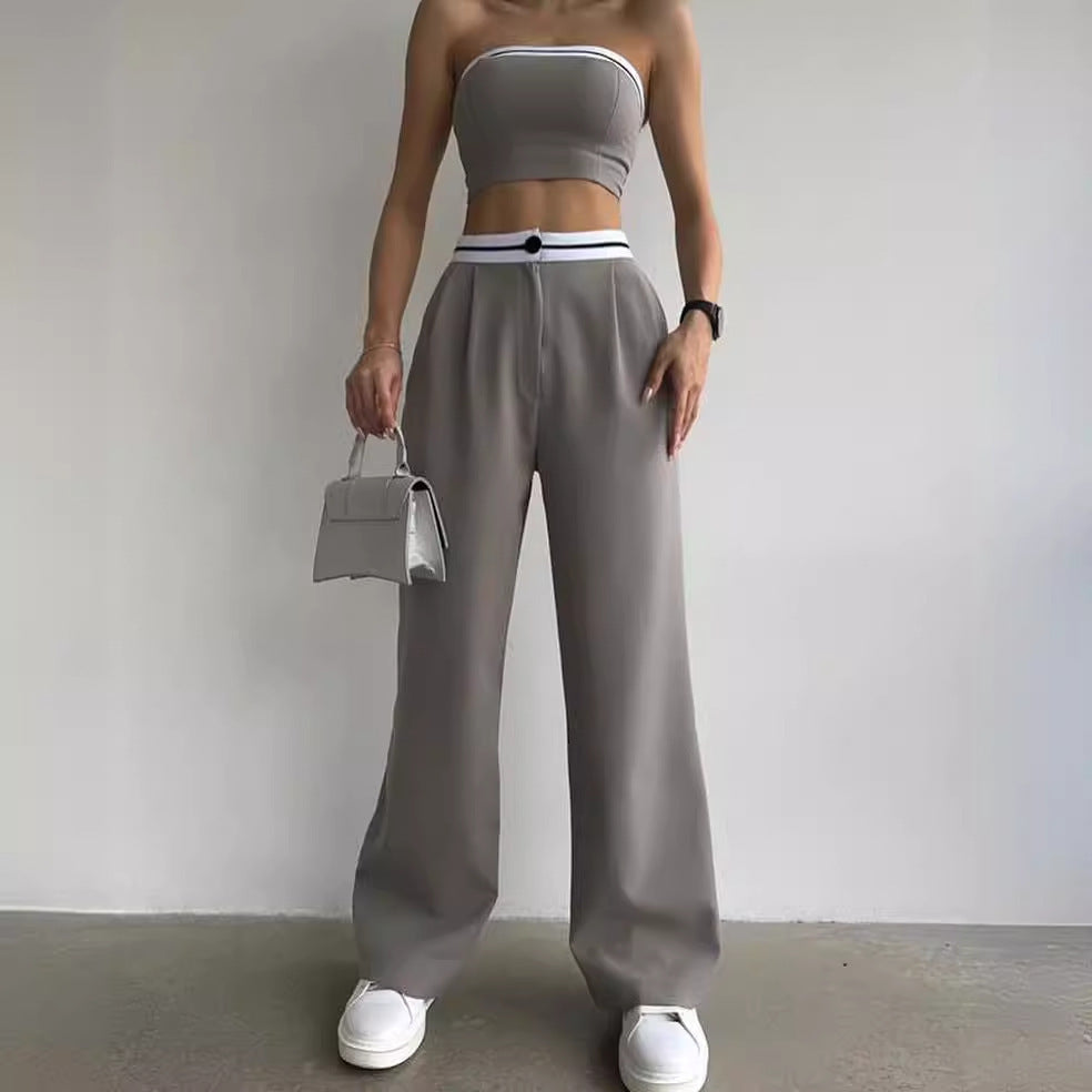 Women's Sports Vest Tube Top High Waist Wide Leg Pants Casual Suit