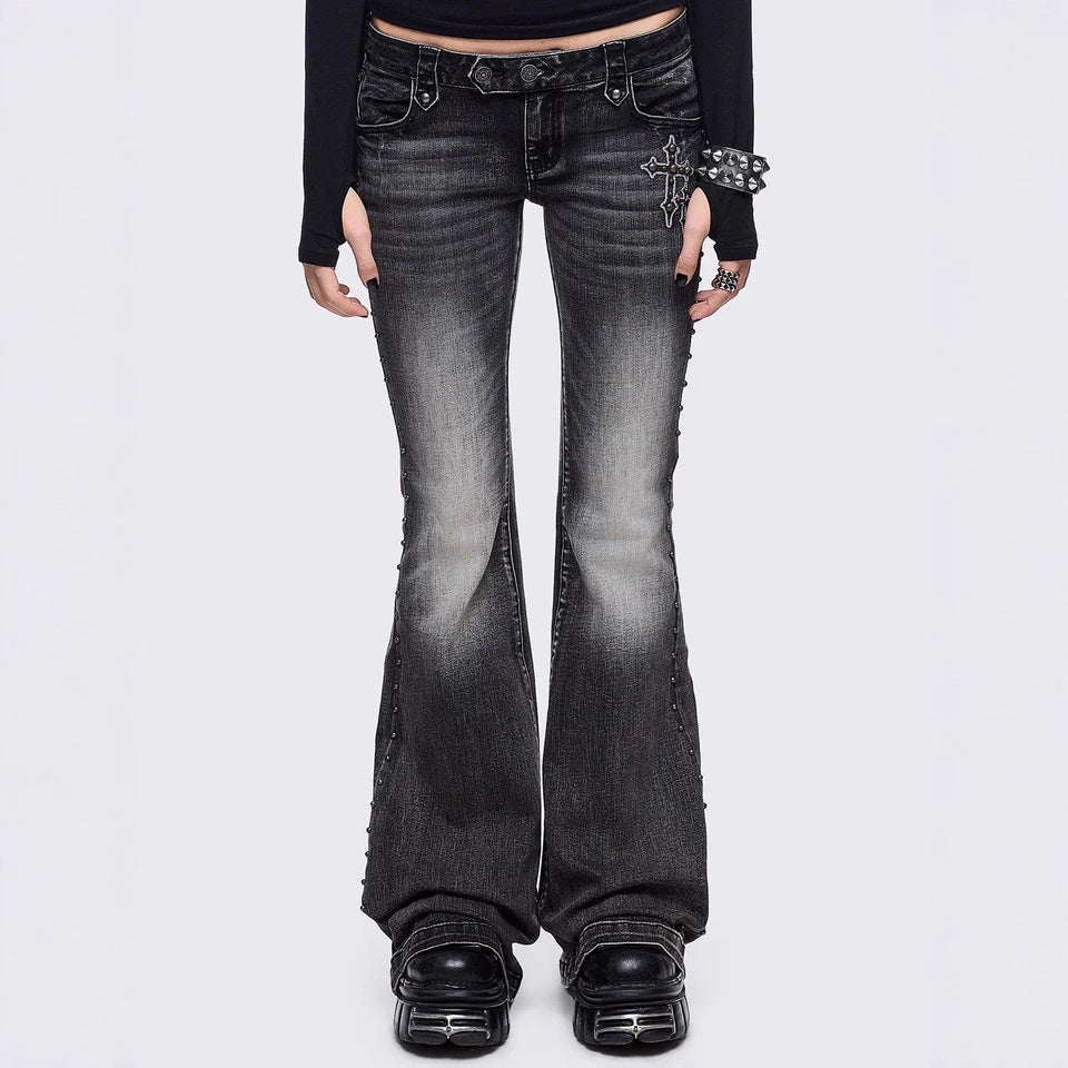 Retro Wing-Pattern Slim-Fit Jeans