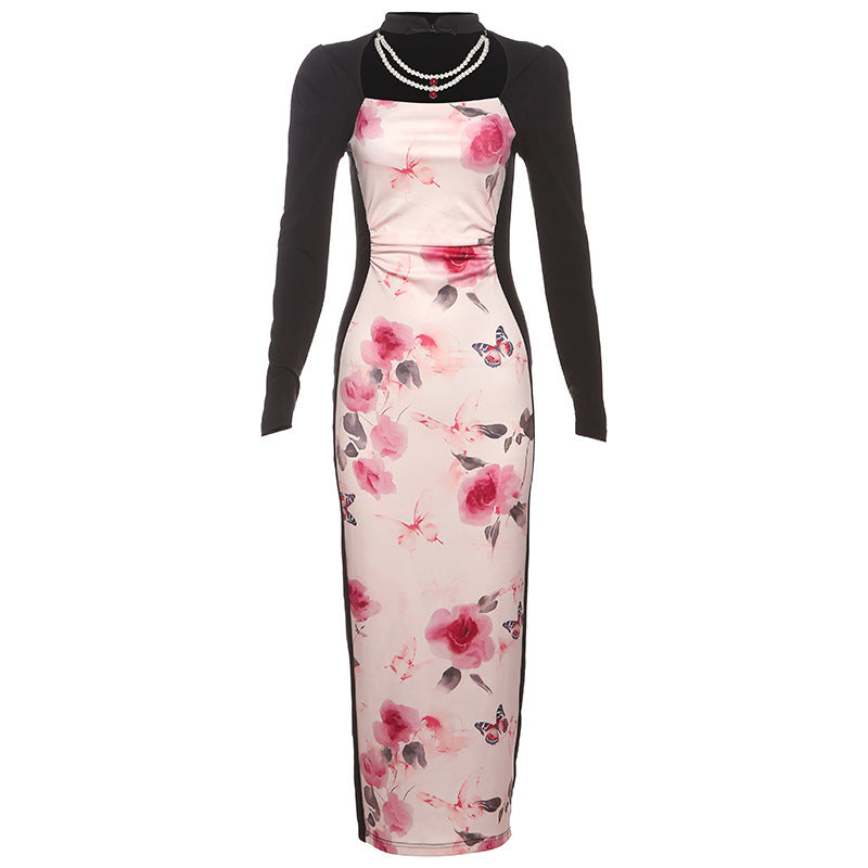 Retro Hot Girl Printing Color Contrast Slim Fit High Waist Long Sleeves Dress Women