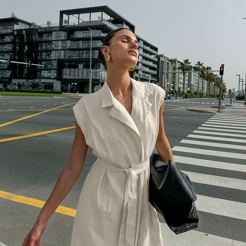 Cotton And Linen Suit Collar Belt Commuter Dress